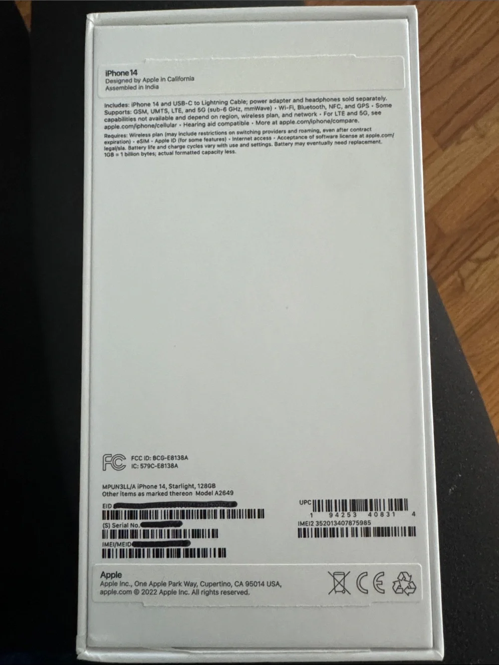 EMPTY BOX for iPhone 14, 128GB Model A2649